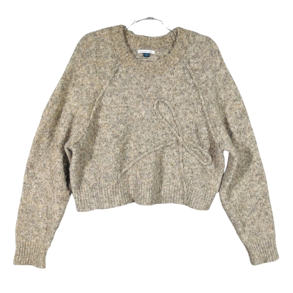 American Eagle Sweater Women Cropped Marled XL Tan Knit Bow Coquette